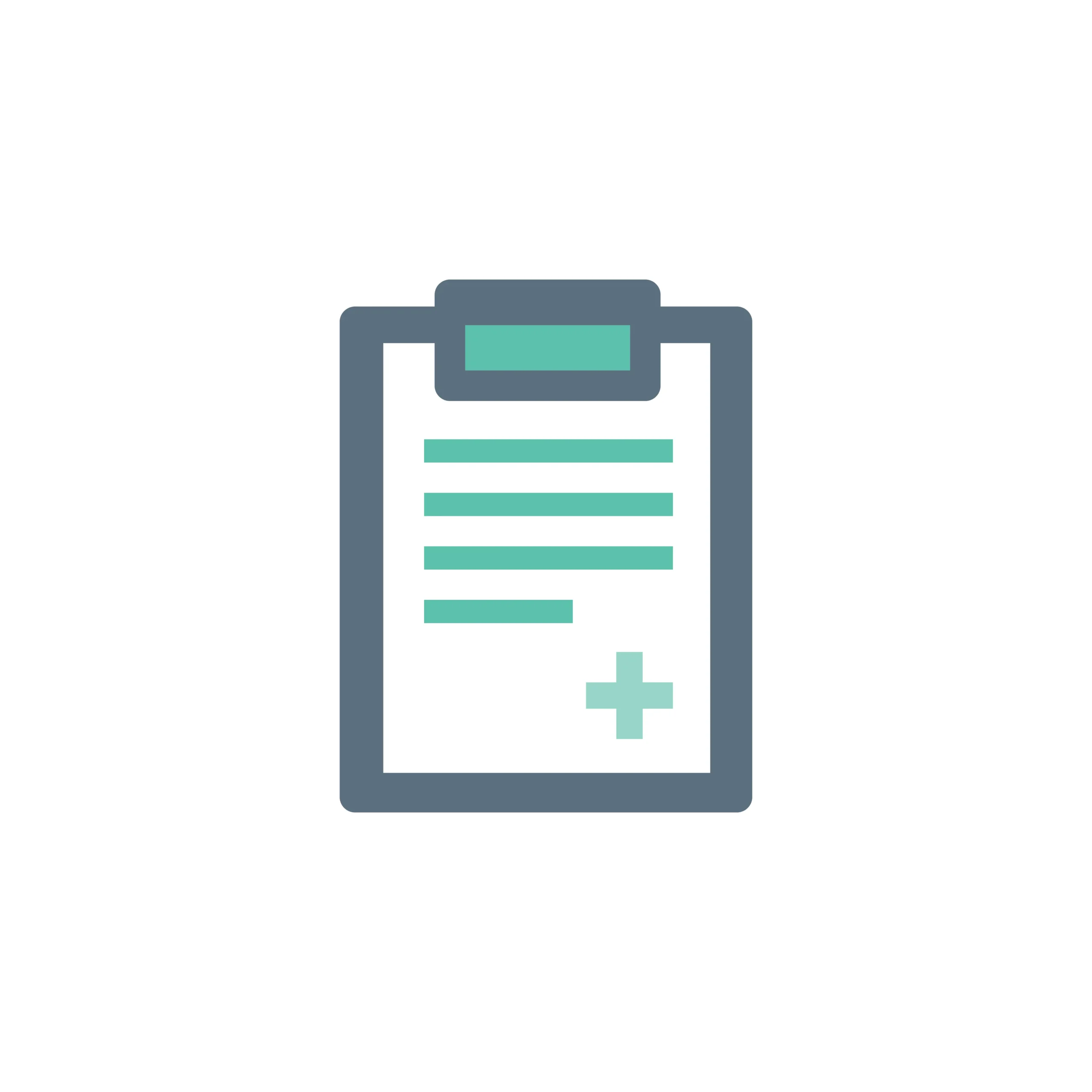 A clipboard in prescription green color, marked with a red cross, indicating its use for medical or health purposes.