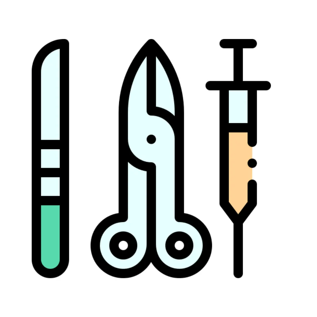 A set of surgical scissors, a pencil, and a ruler arranged on a black background.